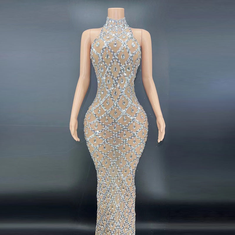 Plus Size Silver Rhinestone Evening Gown