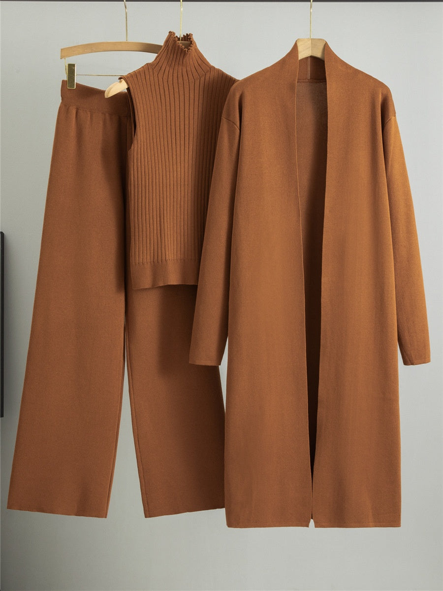 Women’s 3-Piece Knit Set – Sleeveless Vest, Long Cardigan & Wide-Leg Pants