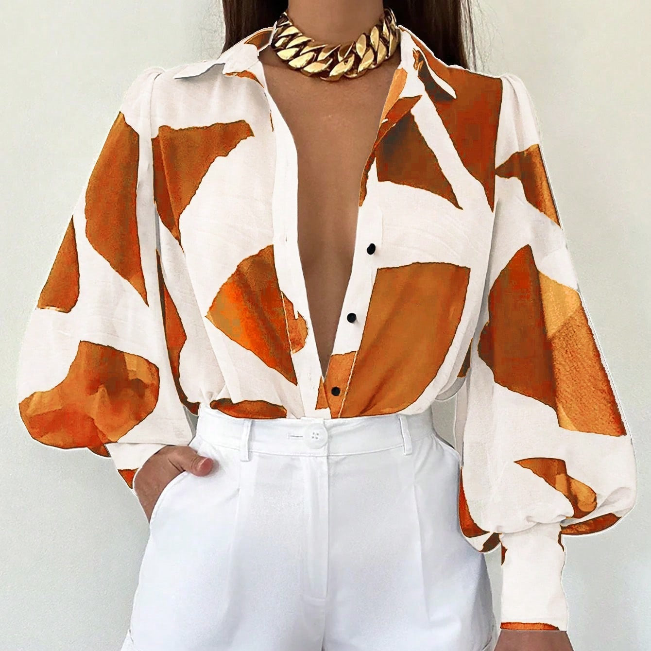 Women's Long Sleeve Printed Blouse with Shirt Collar, Casual Style