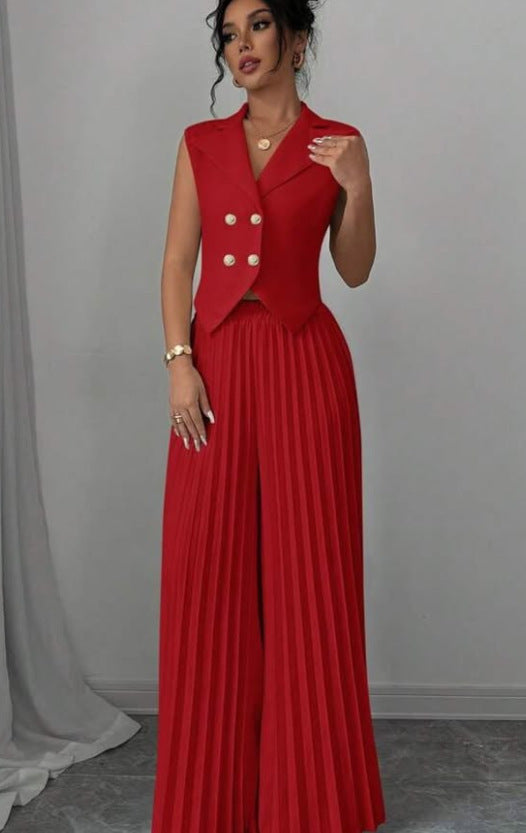 Women's Summer Sleeveless Suit – Button Vest & Pleated Pants Set