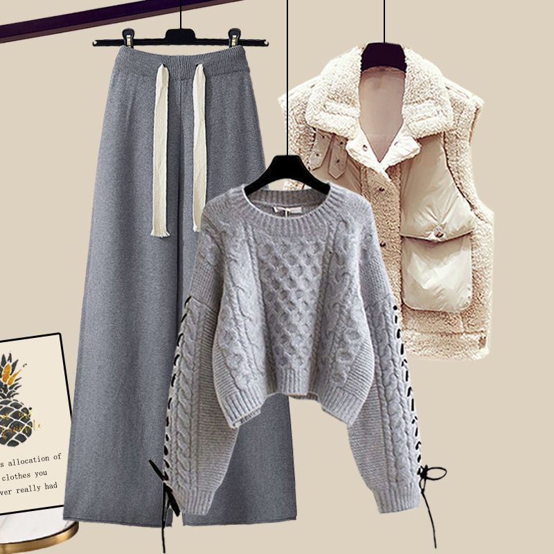 Women’s Autumn/Winter Knitted 3-Piece Set – Vest, Sweater & Wide-Leg Pants