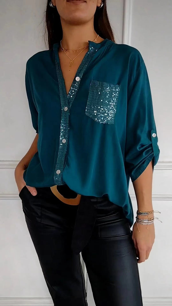 Casual Button-down Long Sleeve Shirt With Sequin Pocket Design Fashion Commuter Top Women Clothing