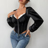 See-through Mesh Patchwork Lace Chest Cotton Long-sleeved Top