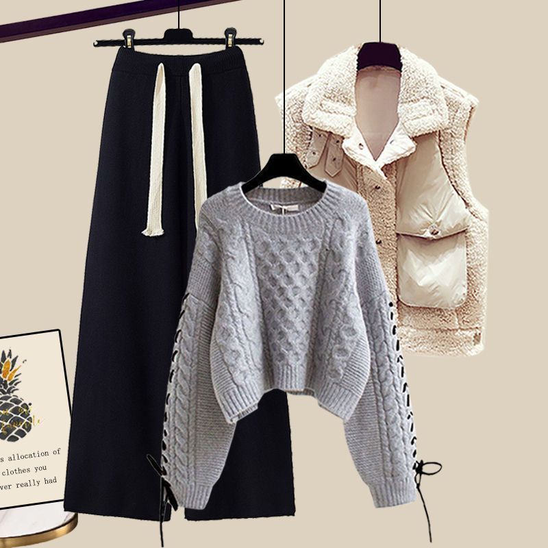 Women’s Autumn/Winter Knitted 3-Piece Set – Vest, Sweater & Wide-Leg Pants