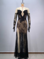 Black Bandeau Slim-fit Lace Mesh Tight Split Long Sheath Dress