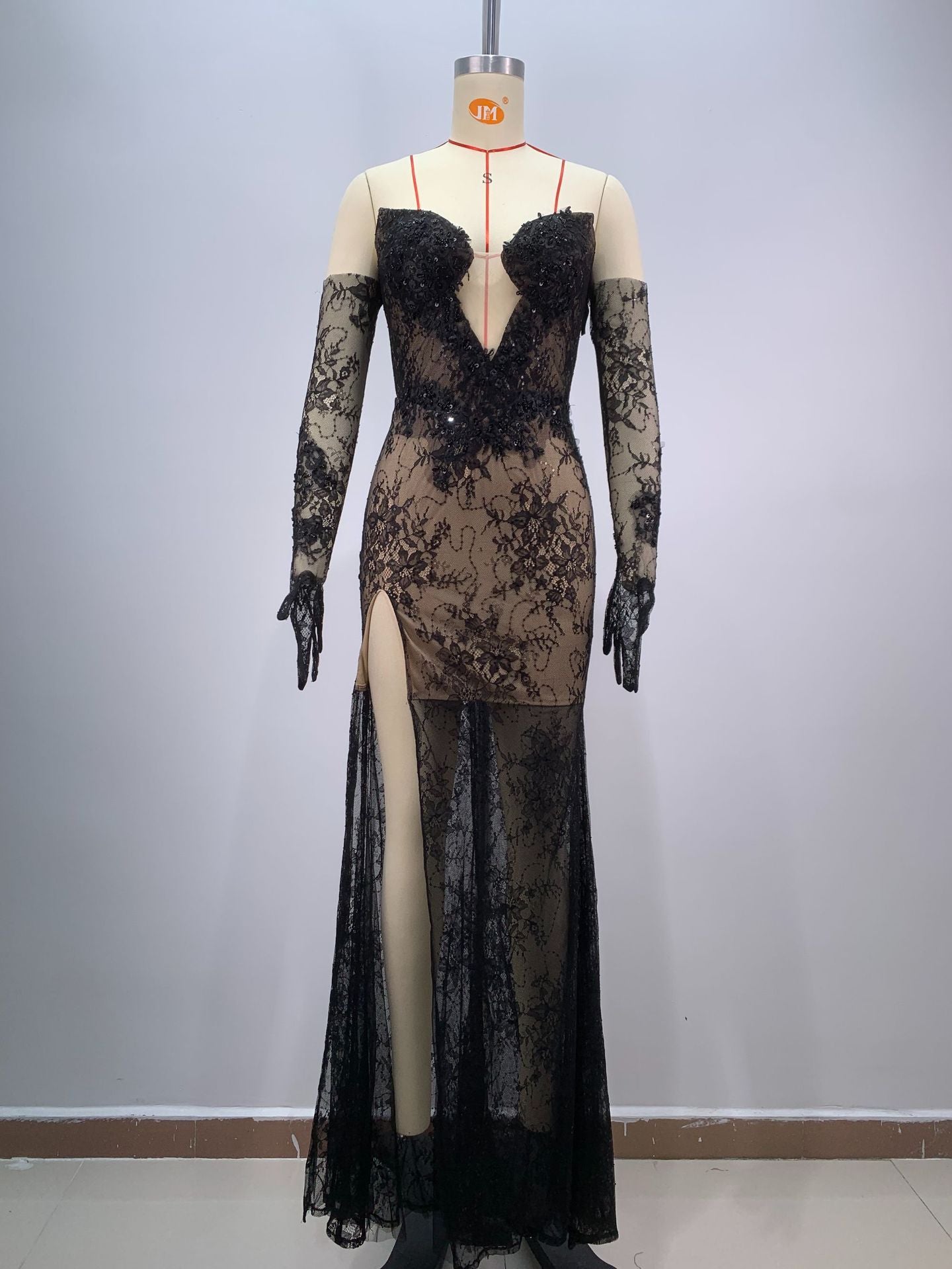 Black Bandeau Slim-fit Lace Mesh Tight Split Long Sheath Dress