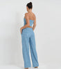 Fashion Denim Sequined Tube Top Wide Leg Pants Suit