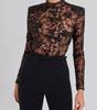 Black See-through Lace Long-sleeved Trousers Jumpsuit