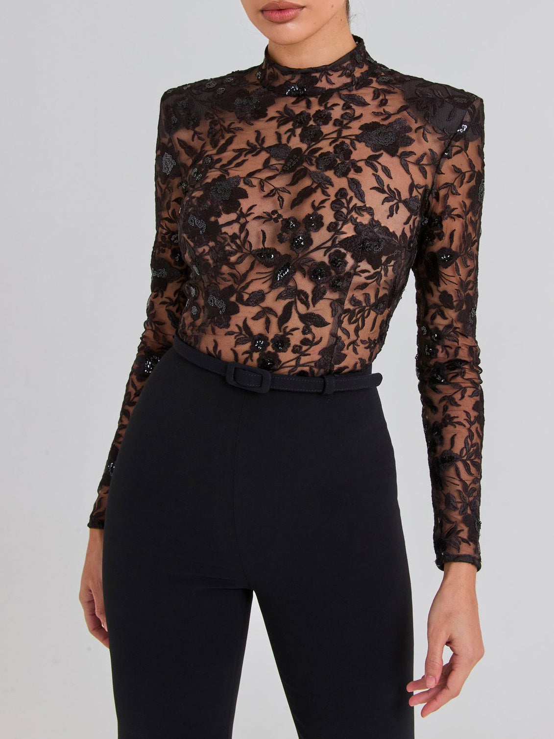 Black See-through Lace Long-sleeved Trousers Jumpsuit