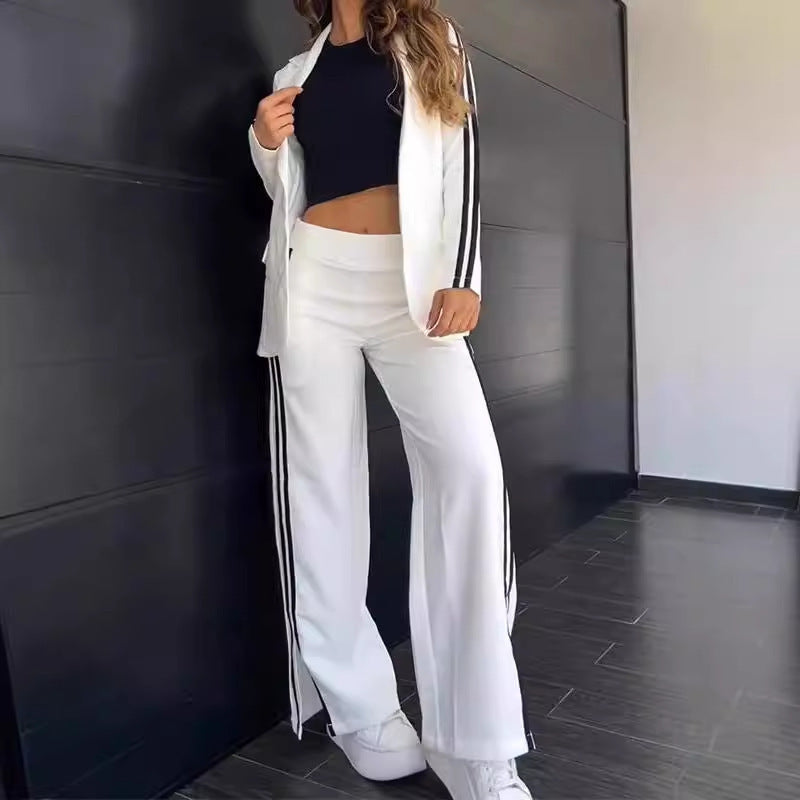 Lässiger Damenanzug mit Polokragen und Hose mit weitem Bein, zweiteiliger Anzug