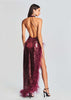 Feather Wine Red Sequined Halter Dress