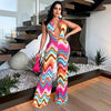 Multicolor Wave Deep V Bare Back High Waist Casual Pants