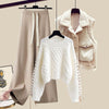 Women’s Autumn/Winter Knitted 3-Piece Set – Vest, Sweater & Wide-Leg Pants