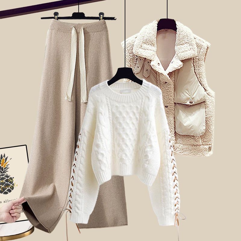 Women’s Autumn/Winter Knitted 3-Piece Set – Vest, Sweater & Wide-Leg Pants