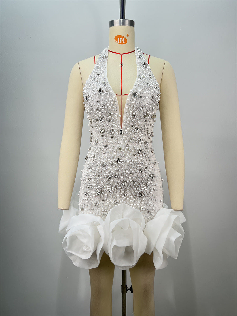 White Halter Beaded Mini Dress