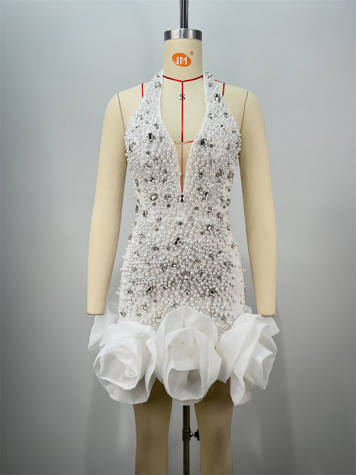 White Halter Beaded Mini Dress
