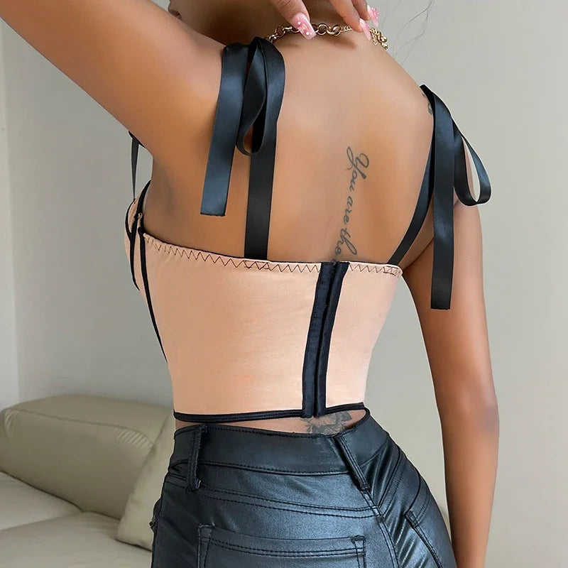 Sexy Lace Up Front Patchwork Contrast Stitch Crop Tank Top