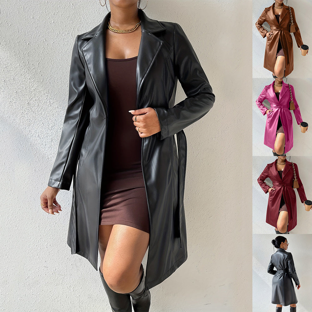 PU Long Sleeve Jacket Women's Slim Fit Long Trench Coat