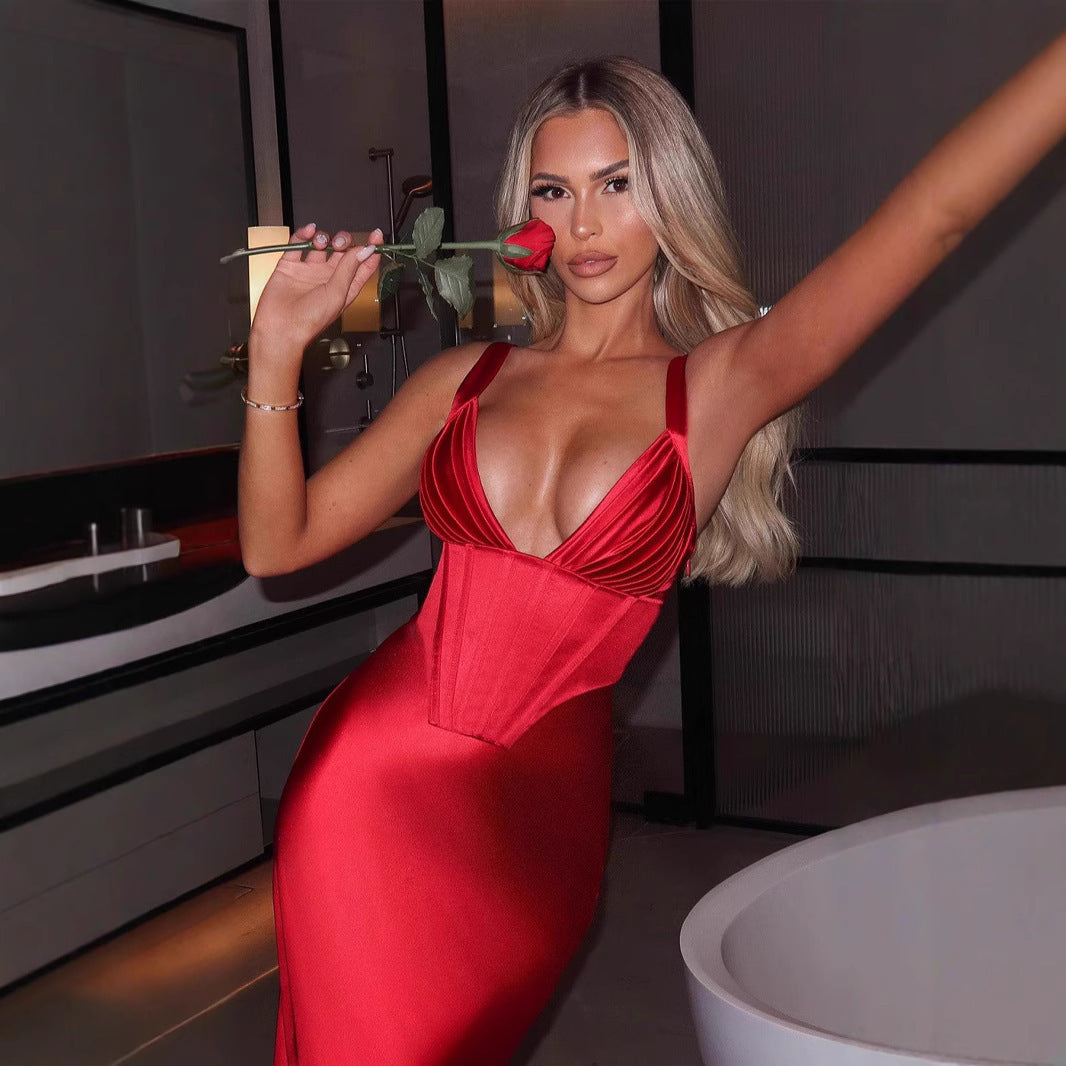 V-neck Fishbone Temperament Camisole Dress Evening Dress