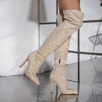 Pointed Toe Diamond Stiletto Heel Side Zipper Over-the-knee High Boots