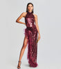 Feather Wine Red Sequined Halter Dress