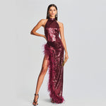 Feather Wine Red Sequined Halter Dress