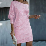 Fashion Oblique Shoulder Sequins Dress Ins Long-sleeved Dresses