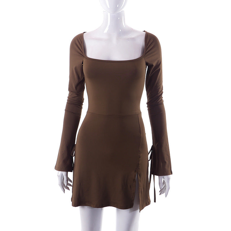 Square-neck Long Sleeve Split Dress – Slim & Stylish Short Skirt!