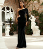 Long Sleeve Diagonal Collar Sexy Cutout Banquet Sheath Velvet Evening Dress