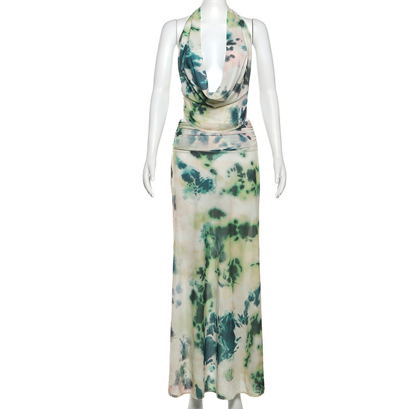 Tie-Dye Deep V-Neck Halter Maxi Dress – 2pcs Beach Party Set