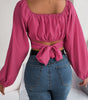 Leisure Lantern Sleeve Lace-up Waist Chiffon Shirt Midriff-baring Top
