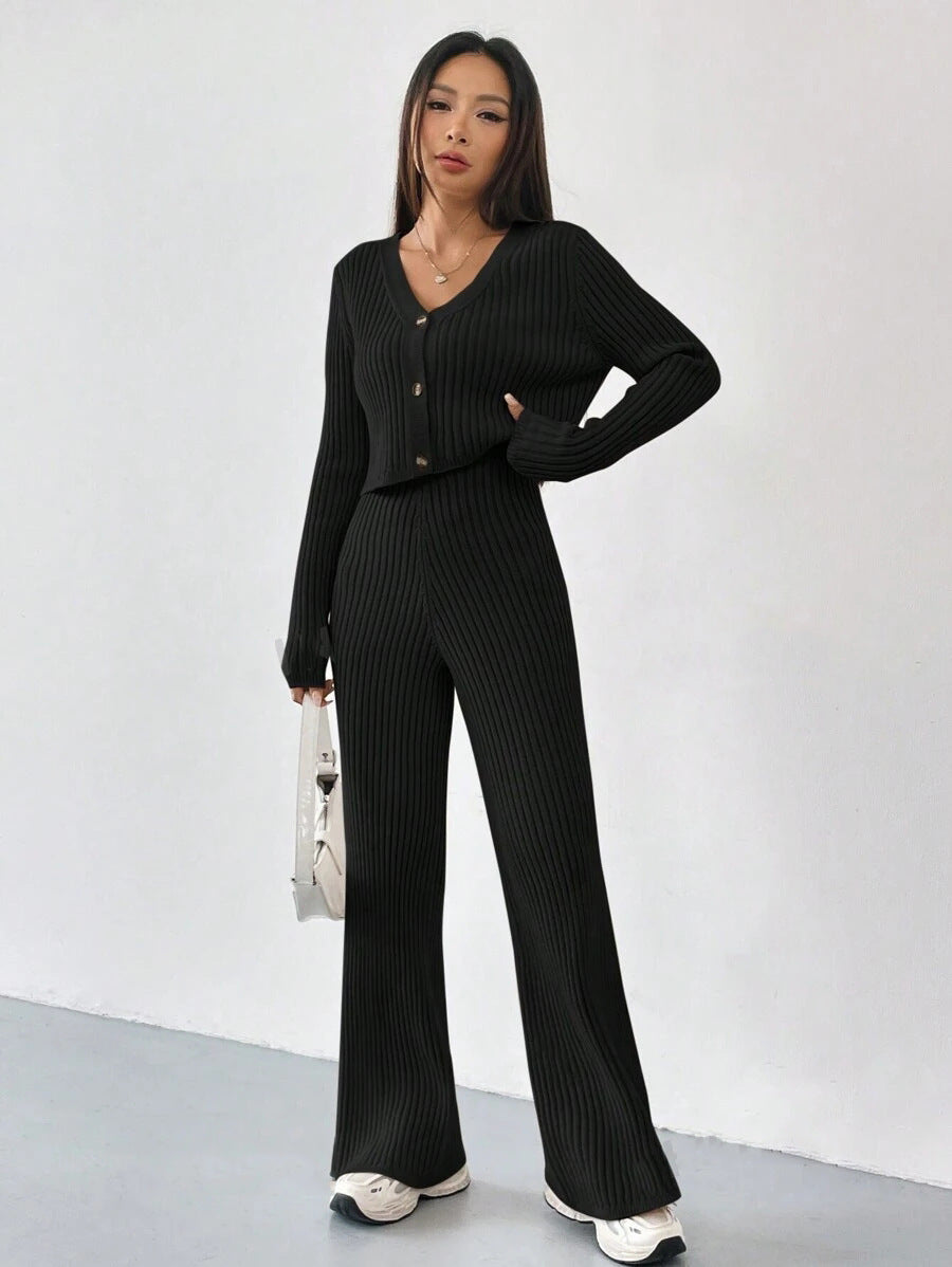 Two-piece Women's V-neck Short Knitted Cardigan Bootcut Trousers Versatile Casual Women's Clothing