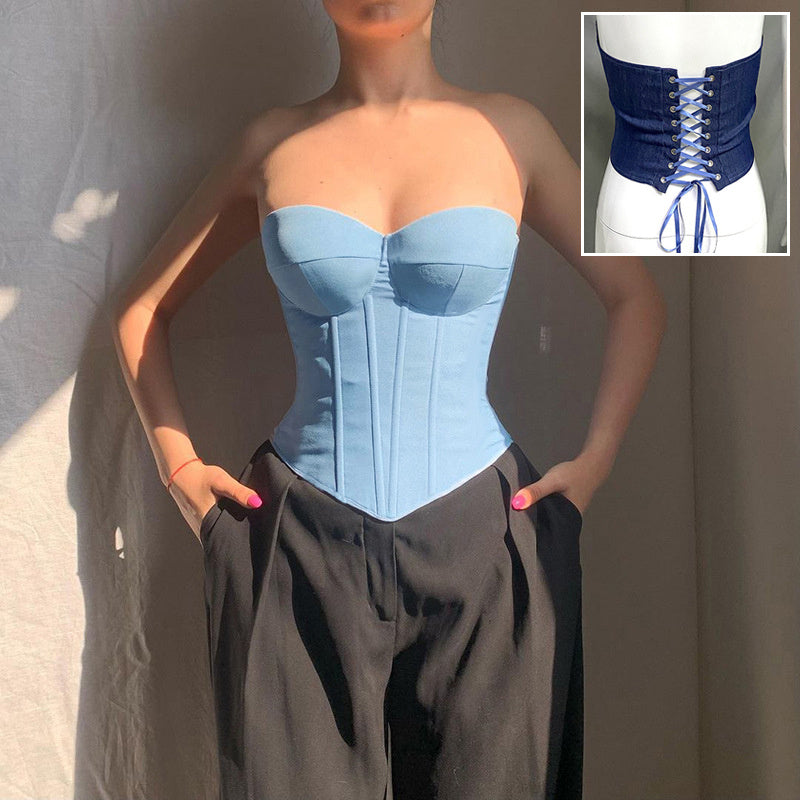 Y2K Back-Tie Denim Corset Top