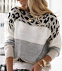 Colorblock Leopard Print Round Neck Casual Sweater Women's Clothing