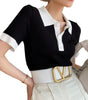 Contrast Color Polo Collar Ice Silk Knitted Short Sleeve T-shirt Women's Thin Top