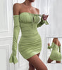 Off-Shoulder Long Sleeve Tie Pleated Dress – Sexy & Slim Fit!