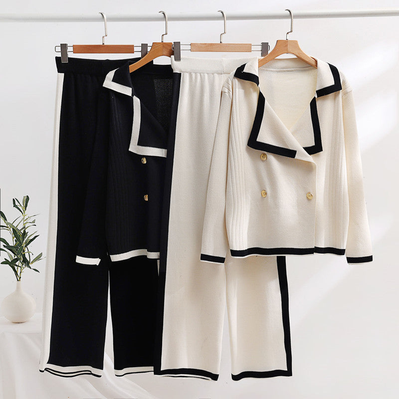 Zweiteiliges Herbst-Set aus gestrickten Hosen mit weitem Bein für Damen