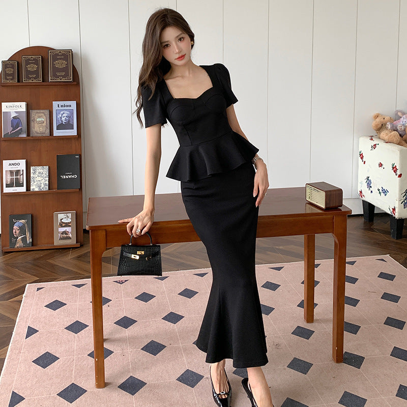 Temperament Square Collar Ruffled Flab Hiding Slimming Fishtail Skirt Suit