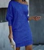 Fashion Oblique Shoulder Sequins Dress Ins Long-sleeved Dresses