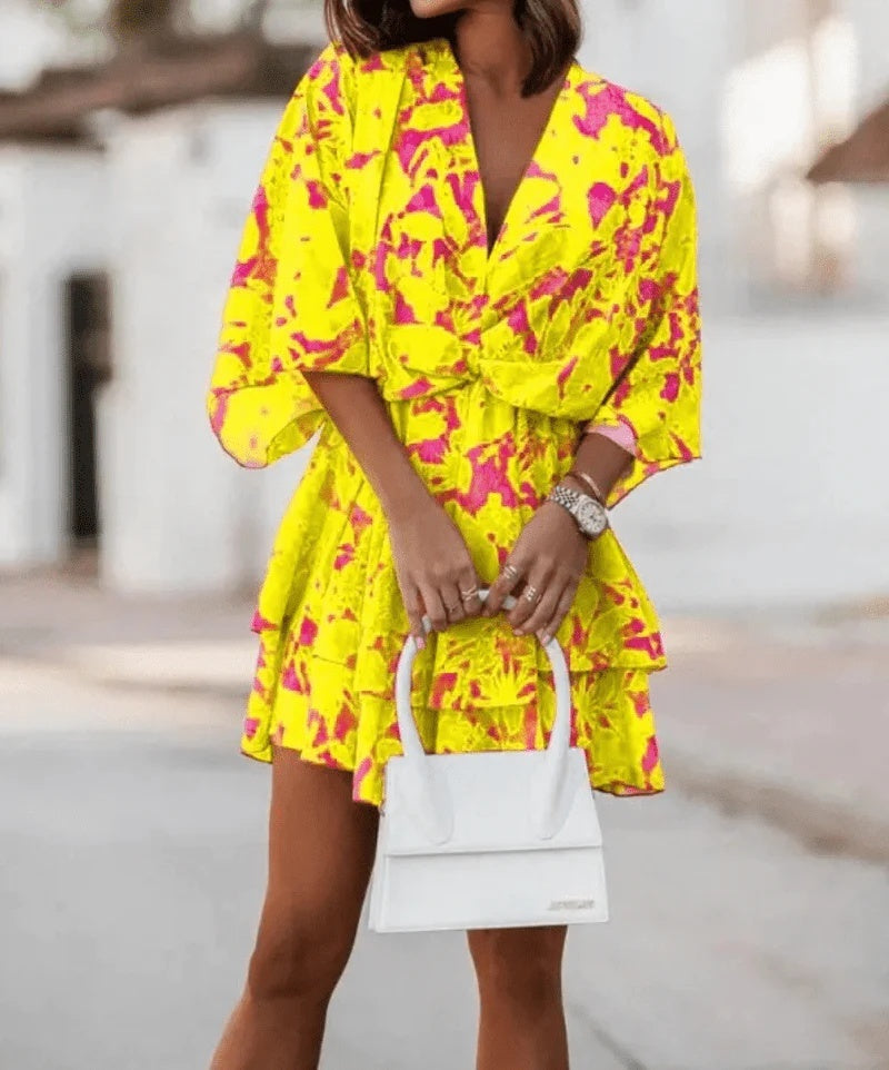 Fashion Print V-Neck Doll Sleeve Loose Cake Dress