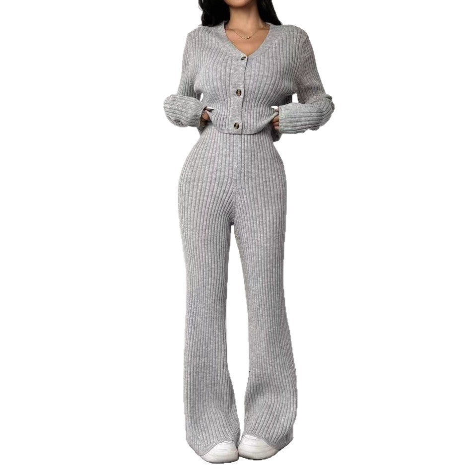 Two-piece Women's V-neck Short Knitted Cardigan Bootcut Trousers Versatile Casual Women's Clothing