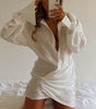 White Long-sleeved V-neck Shirt Sexy INS Fashion Linen Short Dress For Women