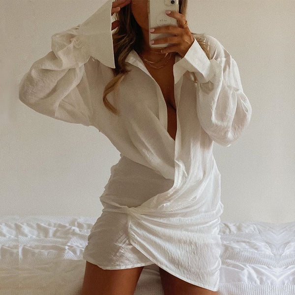 White Long-sleeved V-neck Shirt Sexy INS Fashion Linen Short Dress For Women