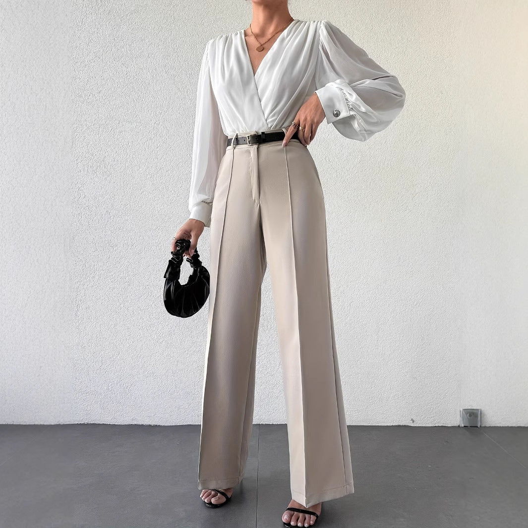 2025 High Waist Slimming Straight Leg Business Trousers – French Style with Side Pockets