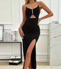 Ladies' Fashionable And Sexy Slim Fit V-neck Chain Dcor Cut High Slit Dress