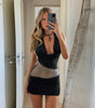 Sexy Slim Deep U-neck Sequin Mesh Patchwork Halter Dress.