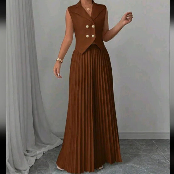 Women's Summer Sleeveless Suit – Button Vest & Pleated Pants Set