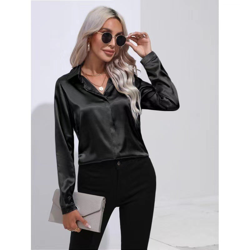 One-Button Satin Long Sleeve Shirt