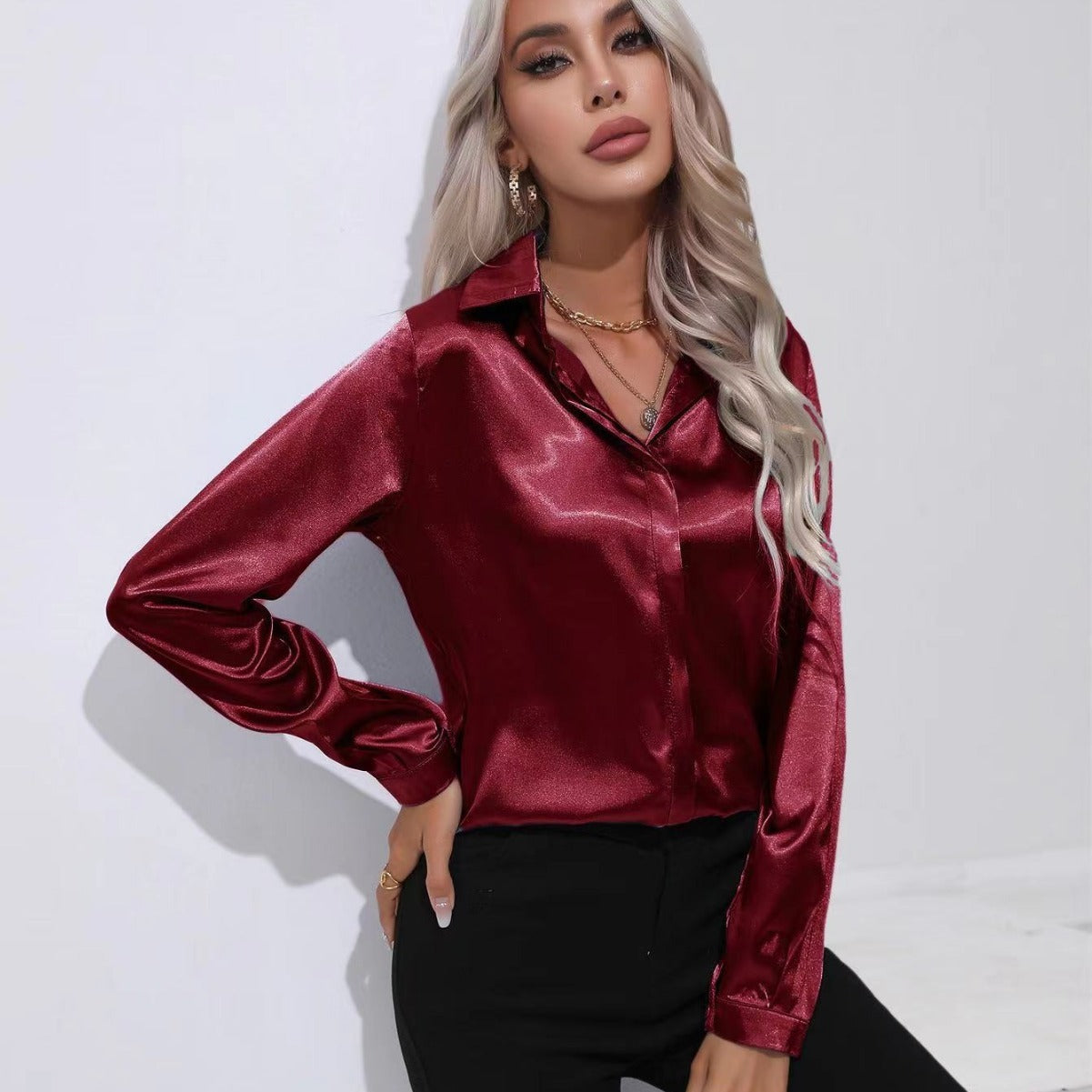 One-Button Satin Long Sleeve Shirt