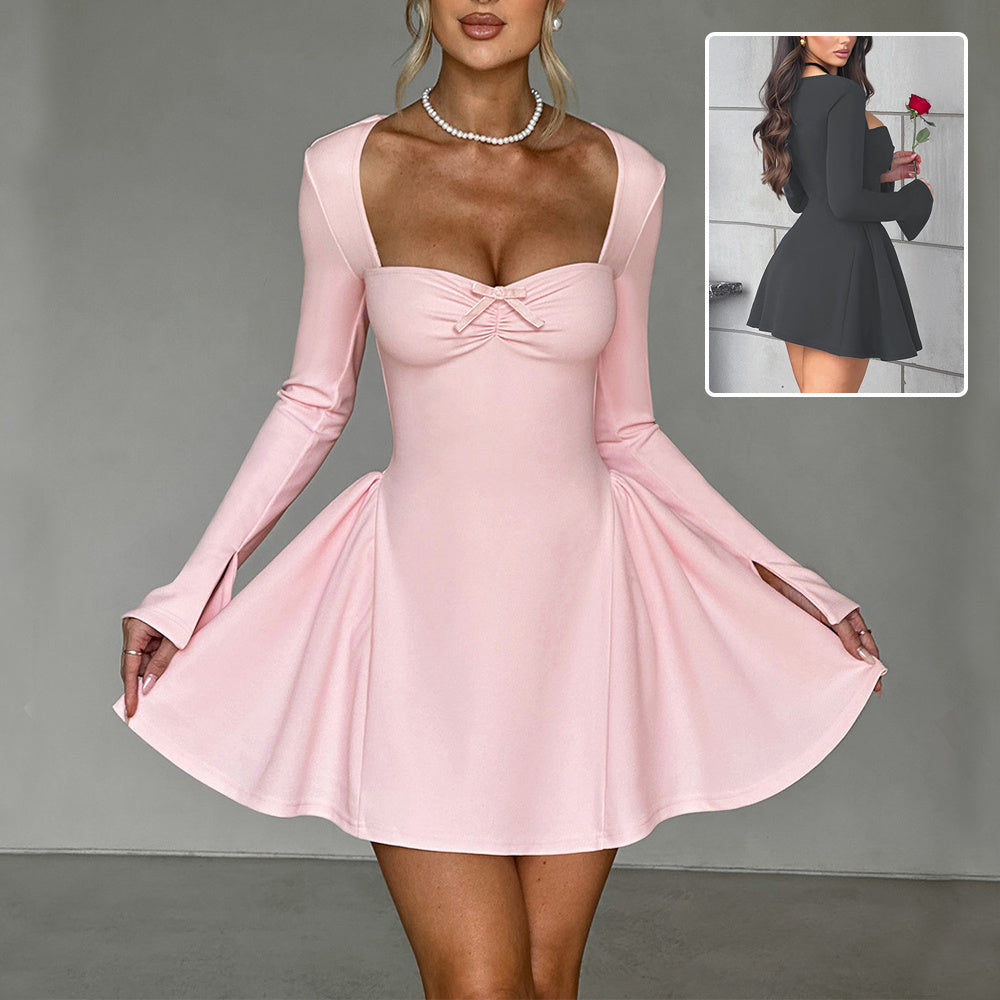 Y2K Low-Neck Long-Sleeve A-Line Mini Dress – Party & Evening Wear